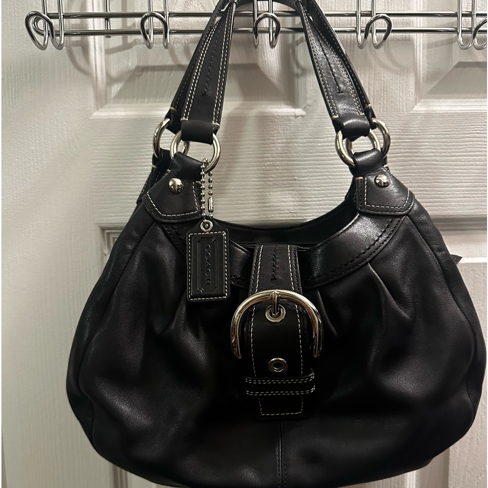 Coach Black Leather Small Hobo Bag with Light Blue Lining.